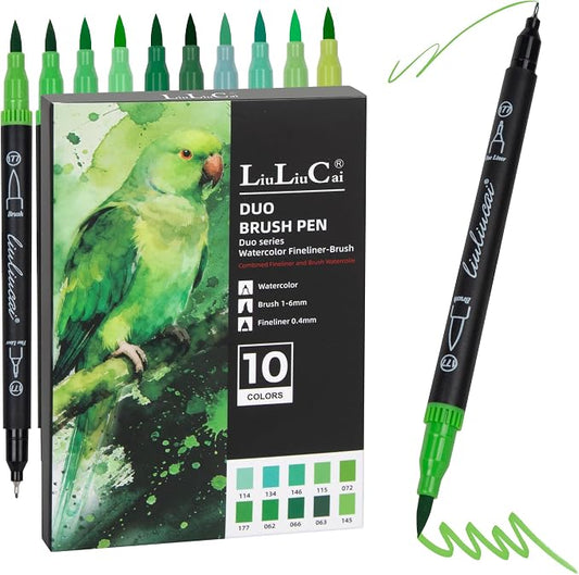 LIULIUCAI 10 Green Dual Markers, Fine & Brush Tip Pen for Adult Coloring | Lush Green Markers, Colored Pens for Landscapes, Leaves, Nature Journals, Botanical Art, Drawing Illustration Lettering