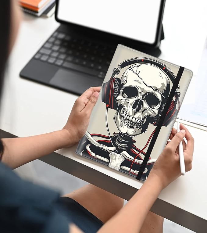 A5 Leather Lined Journal Notebook, 200 Pages Hardcover Executive Notebook for Men Women Office School Note Taking, Thick Writing Paper Daily Journal with Bookmarks/Indexes,Skeleton Skull
