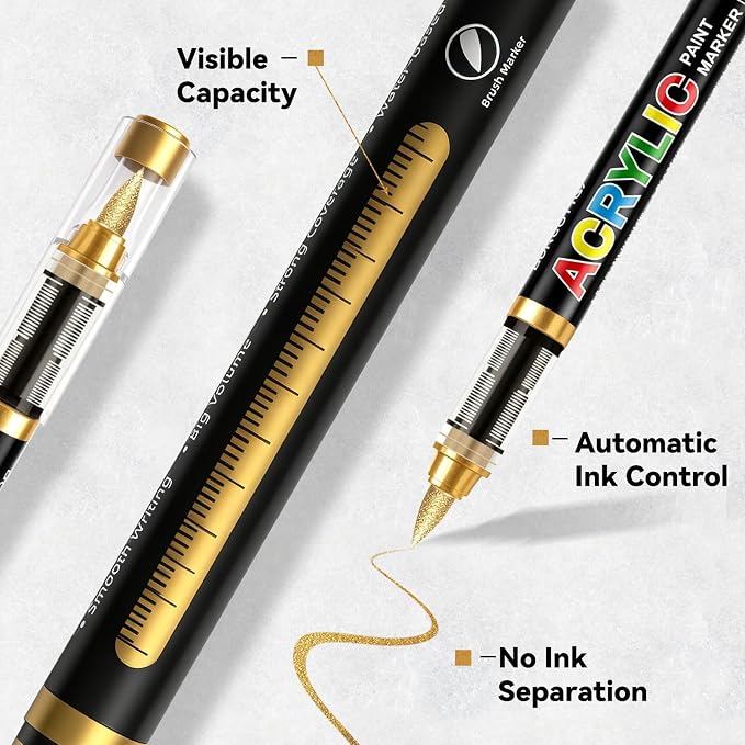 Surcotto 12 Gold Acrylic Paint Pens,Soft Brush Tip Markers,Quick-Drying, Waterproof,Direct-Liquid Ink, Permanent Markers for Canvas,Rock Painting,Wood, Stone,Glass,Ceramic,Fabric Painting,DIY Crafts