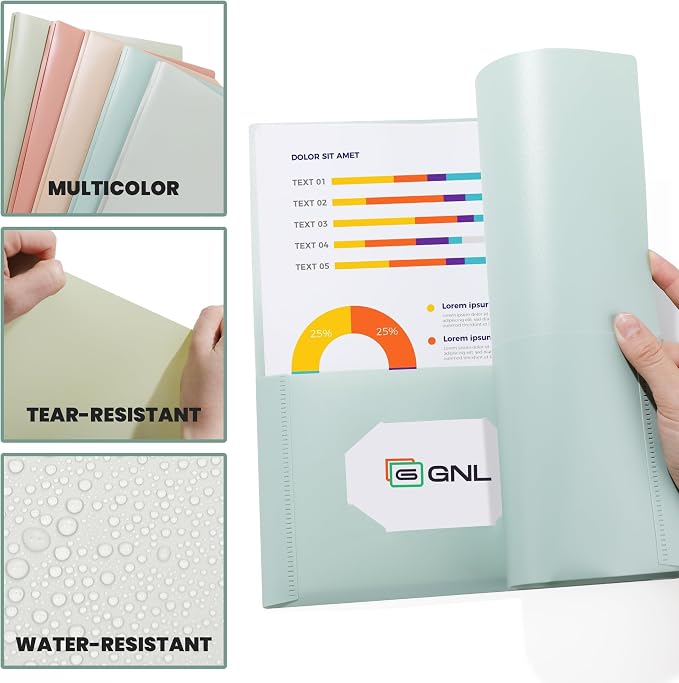 GNL Plastic Folders with Pockets and Prong, Pack of 5, Muted Pastel Colors, Heavy Duty 2 Pocket File Folders Letter Size, Folders with Prongs for School, Home, and Office