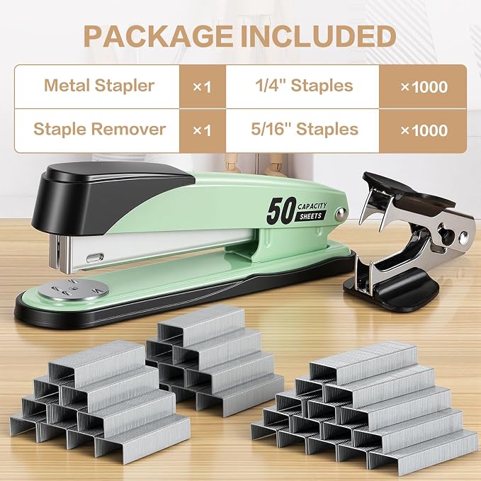 Deli Stapler Heavy Duty, Full Strip Staplers for Desk with 2000 Staples and Staple Remover, 50 Sheet Capacity, No Jam, Non-Slip Office Stapler with Staples for Office, Classroom, Green