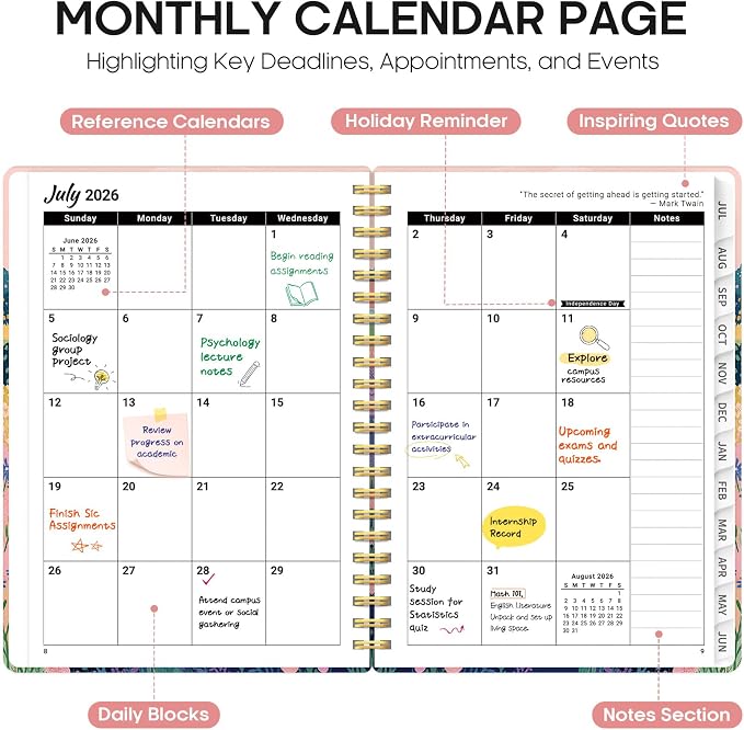 Planner 2026-2027, Academic Year Monthly and Weekly Calendar Planner, Jul 2026 - Jun 2027, Hardcover Teacher Student Planning Agenda book with Tabs, Perfect for School Office Supplies, 6.3" x 8.5" - Meadow Wanderer