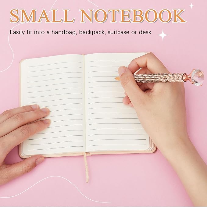 Rhinestone Pen & Glitter Notebook Set, Hard Cover Bling Diary Journal for Girls, Cute School Supplies for Back to School, Sparkly Desk Accessories Gift for Women(Rhinestone,A6,Rose Gold)