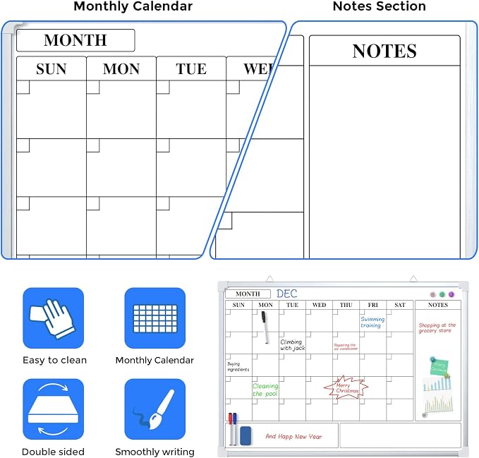 MaxGear Double Sided Magnetic Dry Erase Board Calendar, 36" x 24" | Aluminum Frame Whiteboard for Wall, Double-sided, Monthly Planner, 6 Markers & 6 Magnets included, portable for Home, Office