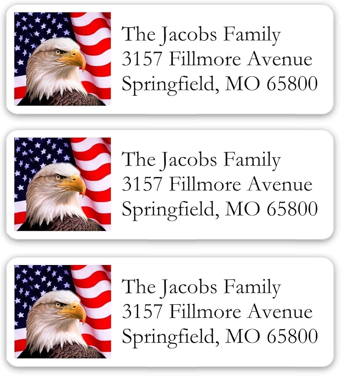 Return Address Labels American USA Flag & Eagle - Custom Mailing Return Address Labels/Stickers for Envelopes, Easy Peel and Stick, Permanent Rectangle Labels (White) Made in The USA (Set of 60)