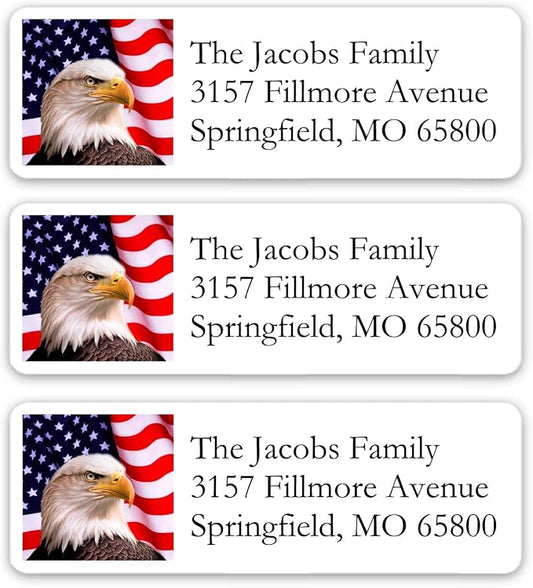 Return Address Labels American USA Flag & Eagle - Custom Mailing Return Address Labels/Stickers for Envelopes, Easy Peel and Stick, Permanent Rectangle Labels (White) Made in The USA (Set of 60)