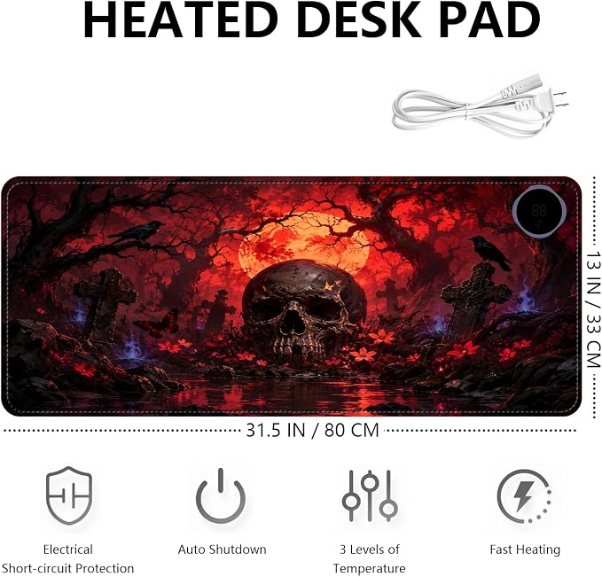 Large Heated Mouse Pad–31.5" x 13" Desk Mat for Office | 3 Adjustable Heat Levels,Auto Shut-Off After 3 Hours for Safety,Keeps Hands Warm While Working，Skeleton Tomb