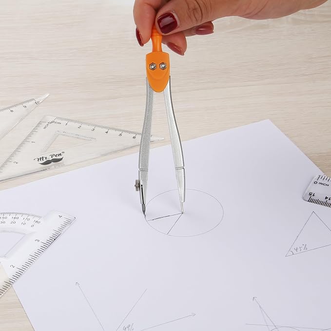 Mr. Pen- Geometry Set, 13 pcs, 3 Metal Compasses, Protractor, 6" Ruler | 45° & 30°/60° Set Squares, Pencils, Lead Refills, Sharpener & Eraser for Math, Drafting & Classroom Use | 45° & 30°/60° Set Squares, Pencils, Lead Refills, Sharpener & Eraser for ...