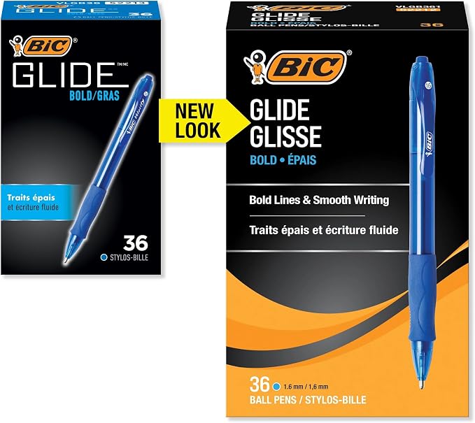 BIC Glide Bold Blue Ballpoint Pens, Bold Point (1.6mm), Retractable Ballpoint Pens With Comfortable Full Grip, 36 Count (Pack of 12)
