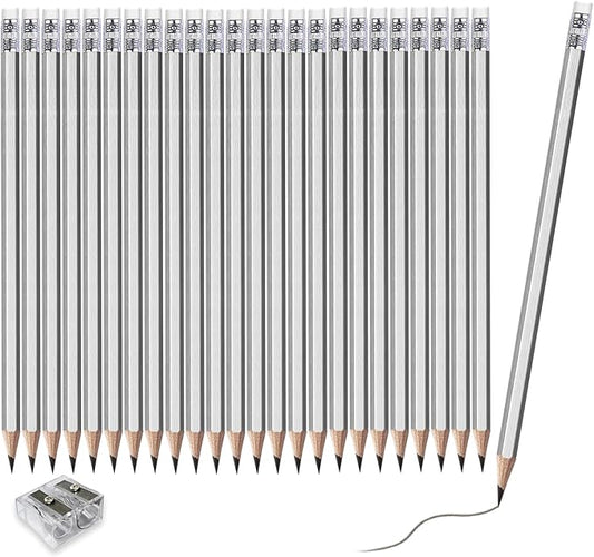 Adhere 25pcs Woodcase Pencils with Eraser Premium Pre-Sharpened Hexagon Graphite 2B pencils ideal for home, office writing including a Free Sharpener (Silver・25pcs)