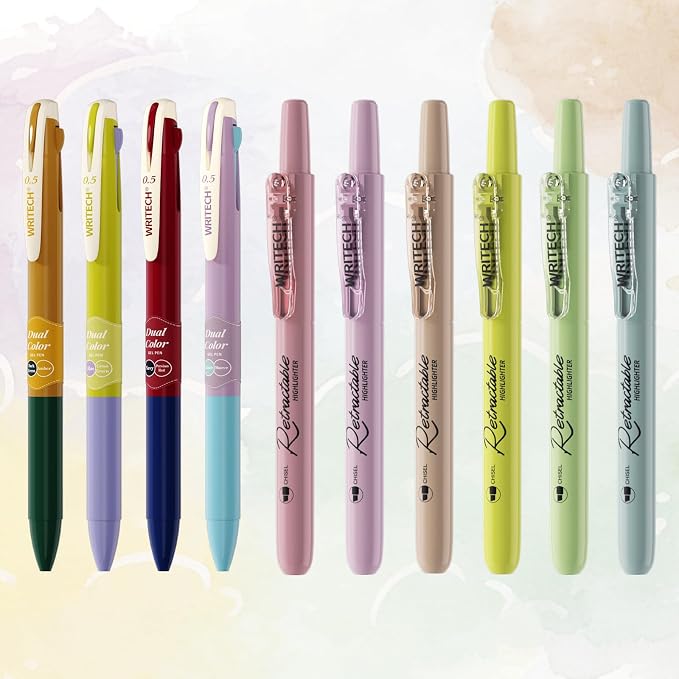 WRITECH Gel Pens Journaling Highlighters: Journal Set Aesthetic Assorted Vintage Color Ink 0.5mm Fine Point Retractable 2 in 1 Pen Smooth Writing Drawing 10ct