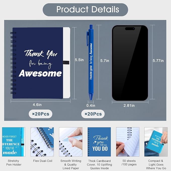 20 Sets/40 Pcs Employee Appreciation Gifts Bulk – Inspirational Notebooks with Motivational Pens, Small Notepads for Coworkers, Office Staff, Team, Volunteer, Nurse, Teachers, Housekeeping (Blue)