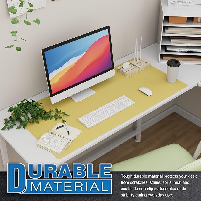K KNODEL Extra Large Desk Mat, Leather Mouse Pad (35.4"x17", Yellow) | Desk Pad, Keyboard Pad, Computer and Laptop Mat, Desktop Protector and Cover, Writing Pad and Blotter for Home Office