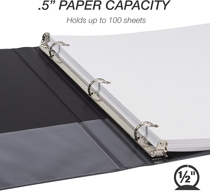 Samsill 8 Pack Durable 0.5 Inch 3 Ring Binders, Round Ring, Clear View Cover for Presentations, Black
