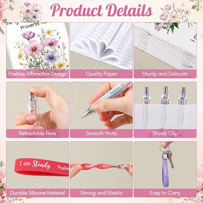 Mooliwe 24 Set Positive Affirmation Gift Set Gratitude Notebooks with Pens Keychains Small Bags Motivational Party Favors for Adult Women Coworkers Employee Group (Floral)