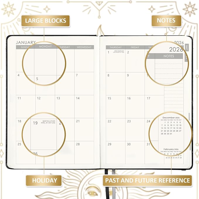 2026 Planner - Weekly Planner 2026, Jan. 2026 - Dec. 2026, 5.75" x 8.25", 2026 Weekly and Monthly Planner, Faux Leather planner 2026 with Back Pocket & 40 Notes Pages - The Sun