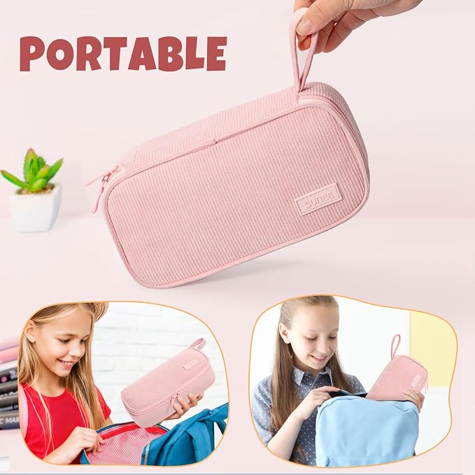 SUNEE Cute Pencil Case, Large Capacity Pencil Pouch Aesthetic Zipper Pencil Bag, Big Storage Pen Organizer for Stationery, Soft Corduroy Pencil Box Back to School Supplies for Teen Girls Boys, Pink