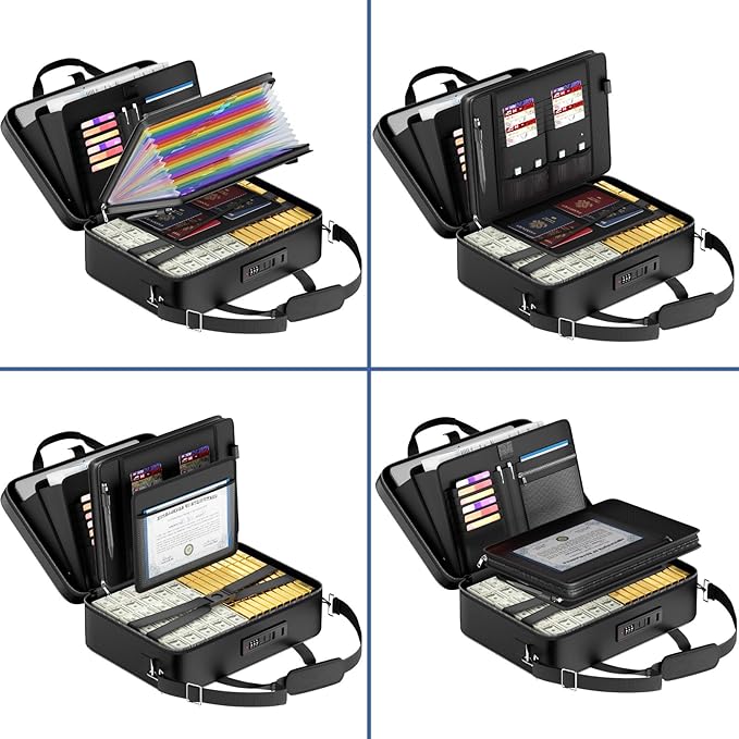 Tamfile Fireproof Document Box with Lock, Large Hard File Organizer, Black | Water Resistant, File Safe Box with 24 Colorful Pockets, Fire Safe Box for Important Documents, Valuables, Laptop, Passports