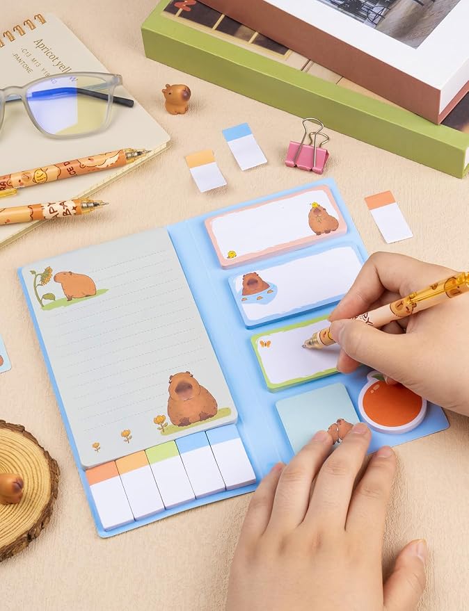 Don't Worry Be Capy Sticky Notes, Capybara Sticky Notes with 3 Ballpoint Pens, Self-Adhesive Writing Memo Pages Post It Note Back to School Office Supplies Small Gift