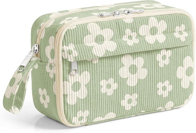 WOBAGMEN Cute Pencil Case,Large Corduroy Zippered Pencil Case Pouch, aesthetic Pencil Bag with Compartments, Pencil Pouch School Supplies (Cute Green Floral)
