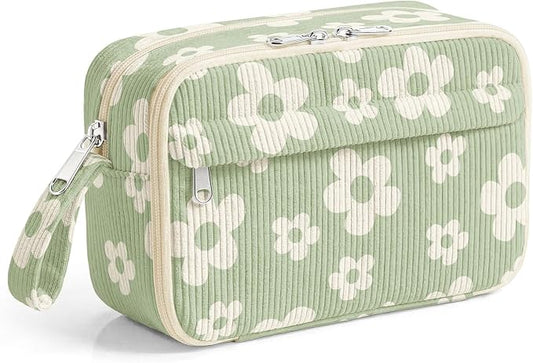 WOBAGMEN Cute Pencil Case,Large Corduroy Zippered Pencil Case Pouch, aesthetic Pencil Bag with Compartments, Pencil Pouch School Supplies (Cute Green Floral)