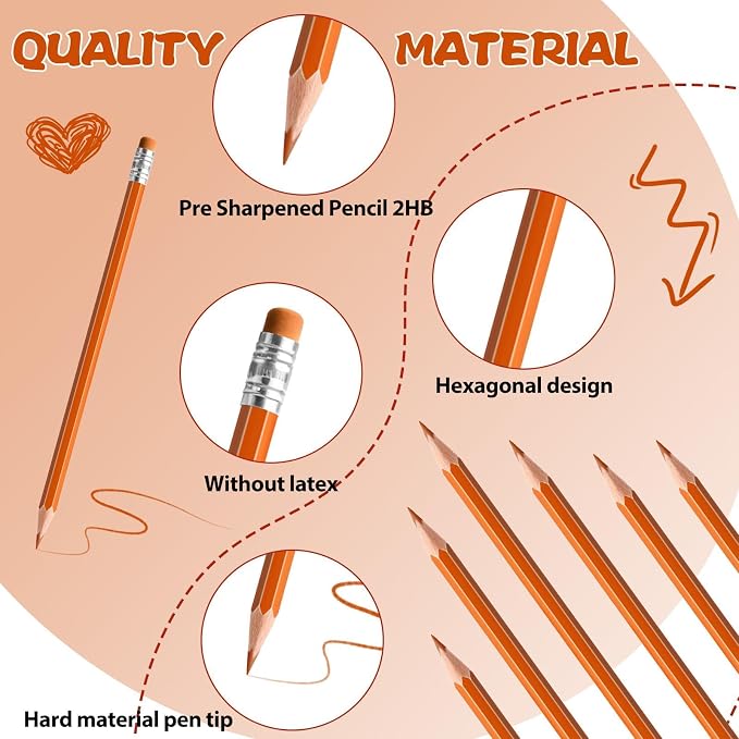 12 PCS Orange Pencils with Eraser, Pre-Sharpened HB Pencils for Writing & Drawing, School Supplies for Kids Homework, Tests, Art Crafts & Teacher Grading (Orange)