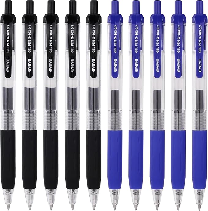 EYEYE G-103 Gel Pen 0.7mm, 5 Black 5 Blue, Medium Point Pens | Retractable, Quick Drying, Ballpoint Pen Fine Point Smooth Writing Pens for Office School Supplies