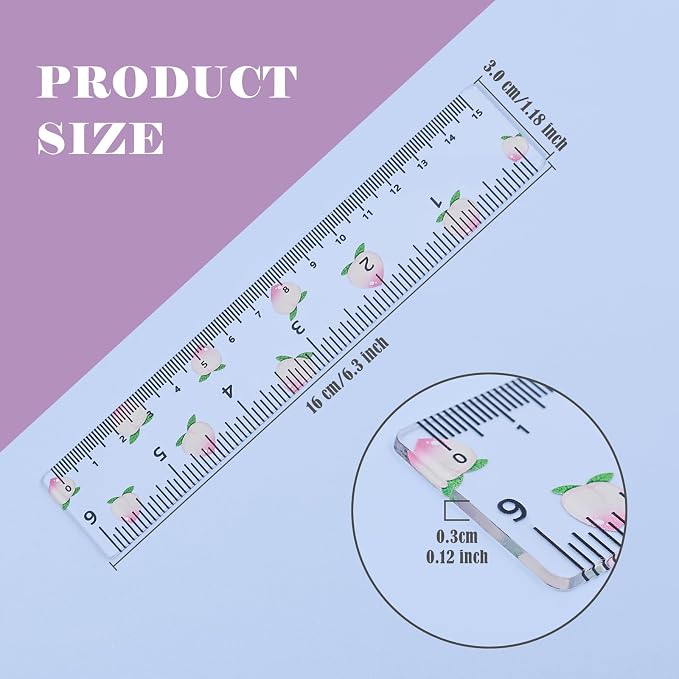 BAYTORY 4Pcs Transparent Acrylic Small Ruler 6 Inch, Straight Mini Rulers | Shatterproof Student Stationery Centimeters with Inches, for Classroom Essentials School Supplies (Fruit 6 Inch)