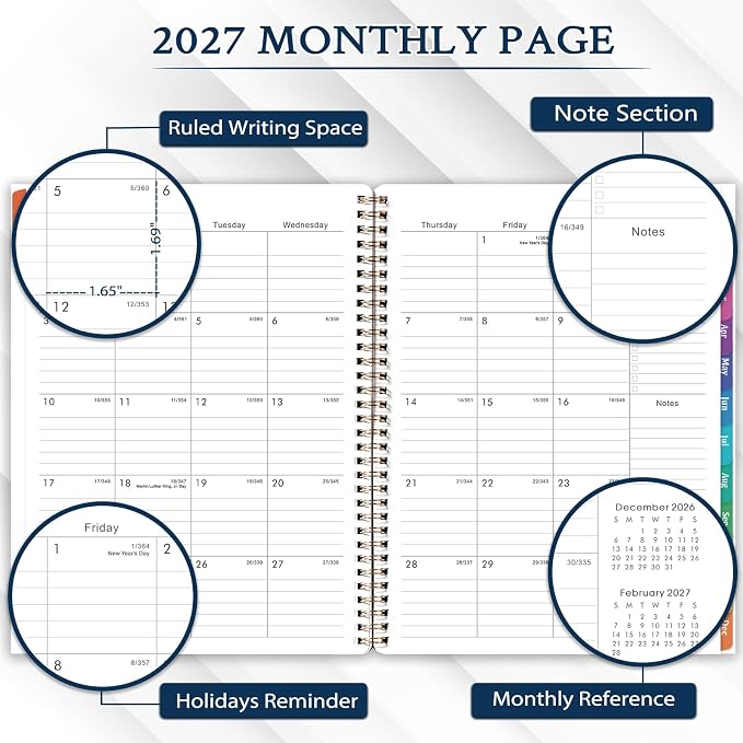 Planner 2027-2027 Calendar Planner, Jan 2027 - Dec 2027, 9" x 11" | 2027 Planner weekly and monthly with Colourful Tabs, Inner Pocket, Premium Paper, Twin-wire Binding