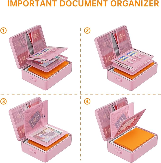 DocSafe 5200°F Fireproof Document Organizer Box with Lock, Pink (Soft) | Heat Insulated 8 Layers File Protection Bag,Water-Resistant Zipper,Portable Home Office Travel Safe Storage for Files,Laptop