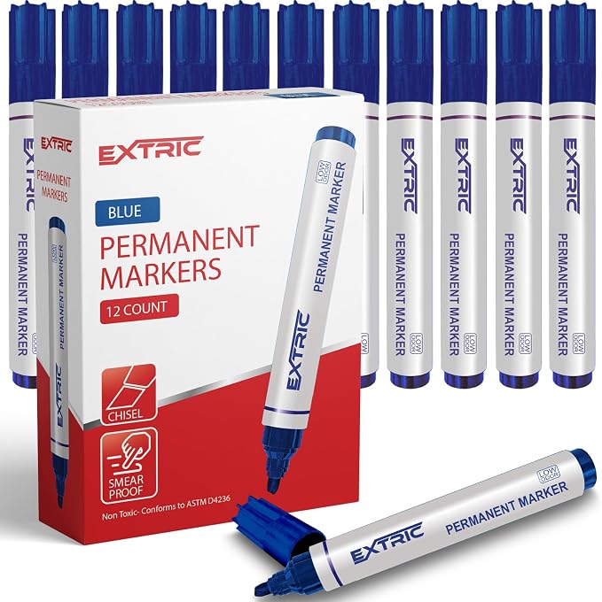 EXTRIC Permanent Markers, Chisel Tip, Blue, Quick Drying Ink, Works on Paper, wood, Plastic, metal and Glass, Great for Home, Office and School use