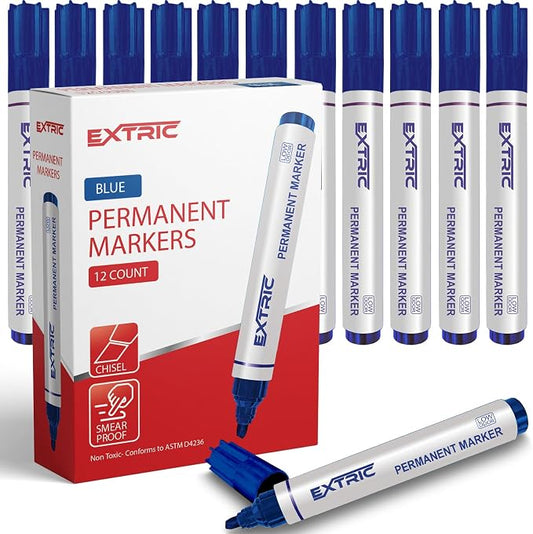 EXTRIC Permanent Markers, Chisel Tip, Blue, Quick Drying Ink, Works on Paper, wood, Plastic, metal and Glass, Great for Home, Office and School use