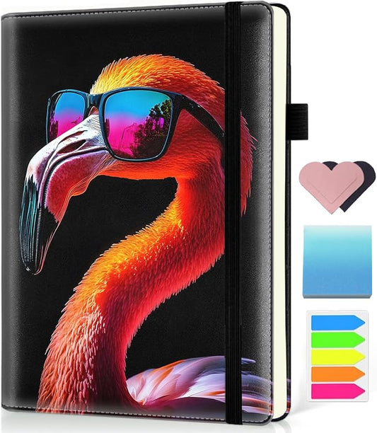 Hardcover Executive Notebooks, A5 PU Leather Lined Journal Notebook, 200 Pages Thick Paper Subject Notebooks for School,Work,Home Writing Business Notebook, Diary Book ，Flamingo with Sunglasses