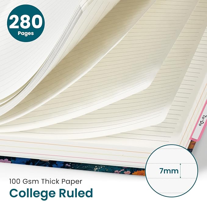 Large Lined Spiral Journal for Women Cute Hardcover 5 Subject Notebook for Work 8.5" x 11" with Removable Dividers & Tabs, College Ruled, 280 Pages Aesthetic Journal for Work, School & Note Taking, Cosmic Petal