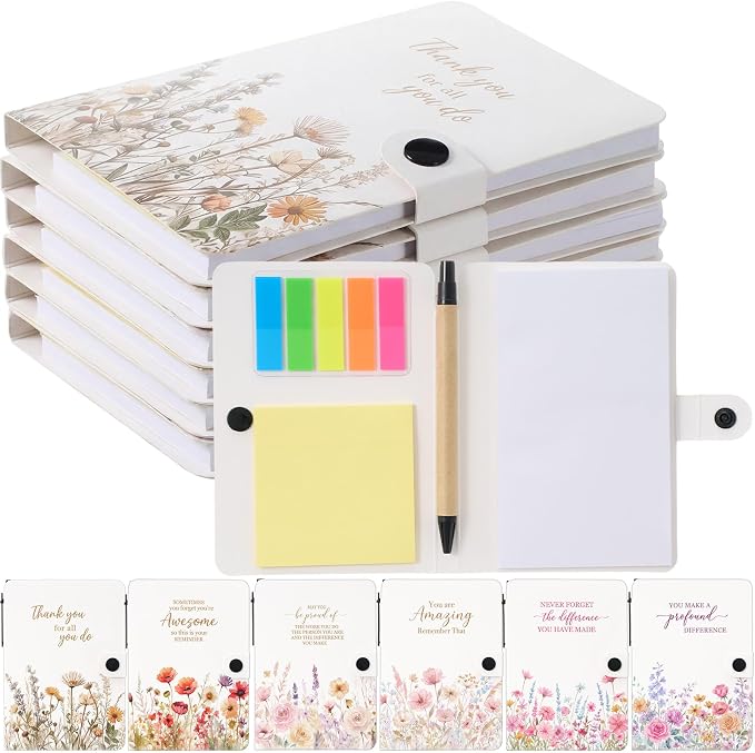 Resurhang 12 Pack Appreciation Gifts Bulk Inspirational Spiral Notebook with Sticky Note Pen, Note Pads Motivational Journals Thank You Gifts for Employee Volunteer Teacher Nurse Team (Wildflower)