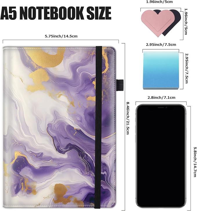 Hardcover Executive Notebooks, A5 PU Leather Lined Journal Notebook, 200 Pages Thick Paper Subject Notebooks for School,Work,Home Writing Business Notebook, Diary Book ，Purple and Gold Marble