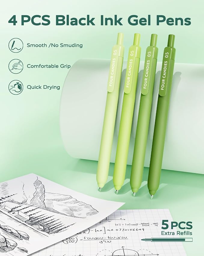 Four Candies Green School Supplies with Case College Essentials | Pens with Black Ink, Correction Tapes, Pastel Highlighters, Mechanical Pencils, Sticky Notes, Index Post for Study Stationary