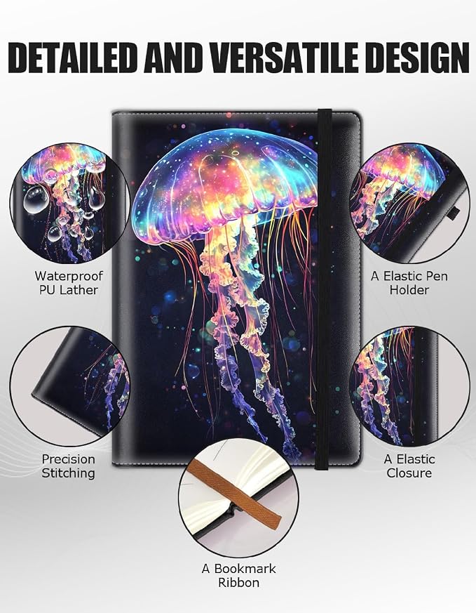 Hardcover Executive Notebooks, A5 PU Leather Lined Journal Notebook, 200 Pages Thick Paper Subject Notebooks for School,Work,Home Writing Business Notebook, Diary Book ，Colorful Jellyfish 2