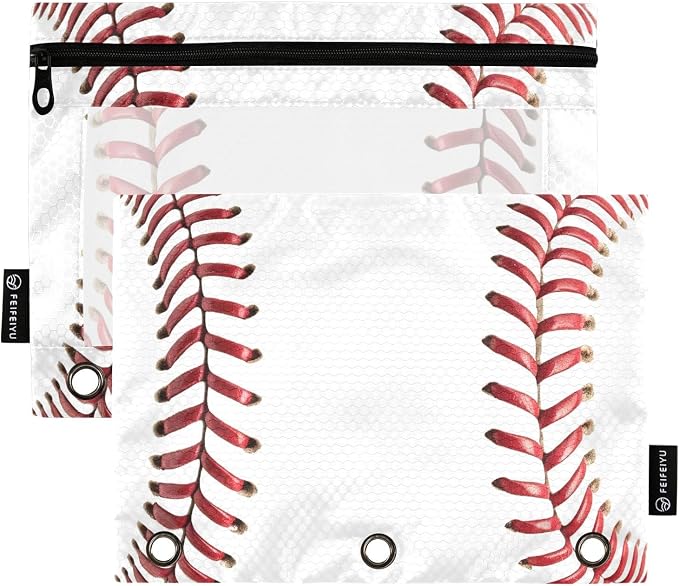 Baseball Pencil Pouches for 3 Ring Binder, Zipper Binder Pencil Case, 2 Pack Clear Window Case Bag for Office Organizers