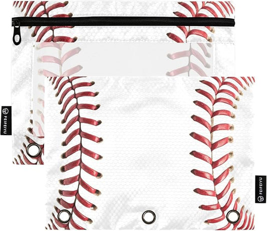 Baseball Pencil Pouches for 3 Ring Binder, Zipper Binder Pencil Case, 2 Pack Clear Window Case Bag for Office Organizers