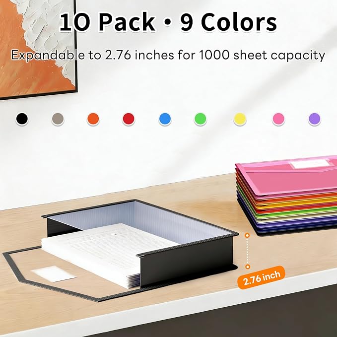 Plastic Expanding File Folder, Transparent Envelopes with Snap Closure | No Dividers, Large Capacity, Assorted Colors, Accordion Folder Organizer for File Folder, Fits Letter / A4 Size, 10 Pack