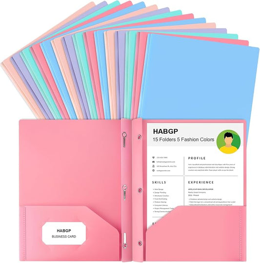 2 Pocket Folder with Prongs (15 Pack, Pastel), Plastic Folders with Pockets | Pastel Colors, Business Card Holder, Fit Letter Size, Organizing Papers, in School, Office, Business