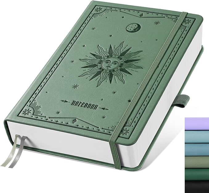 EMSHOI Lined Journal Notebook, 320 Numbered Pages, A5 Size (5.7'' x 8.3'') | Leather Hardcover, 100 GSM Thick Paper, for Women & Men, Journaling, Writing, Work & Office, Sun Debossed (Green)