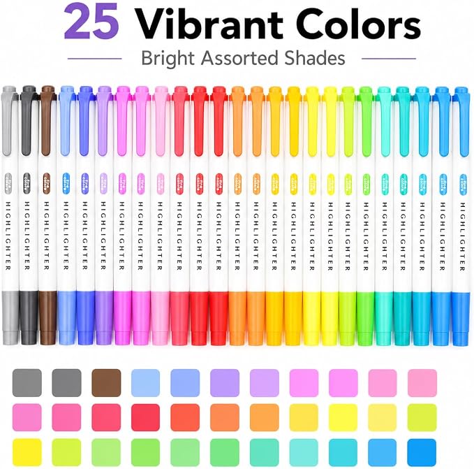 YOOUSOO 25 Pack Pastel Highlighters Assorted Colors No Bleed | Dual Tip Chisel and Fine Tip Bible Highlighter, Fluorescent Highlighter Pens for Classroom School Student Office Journals