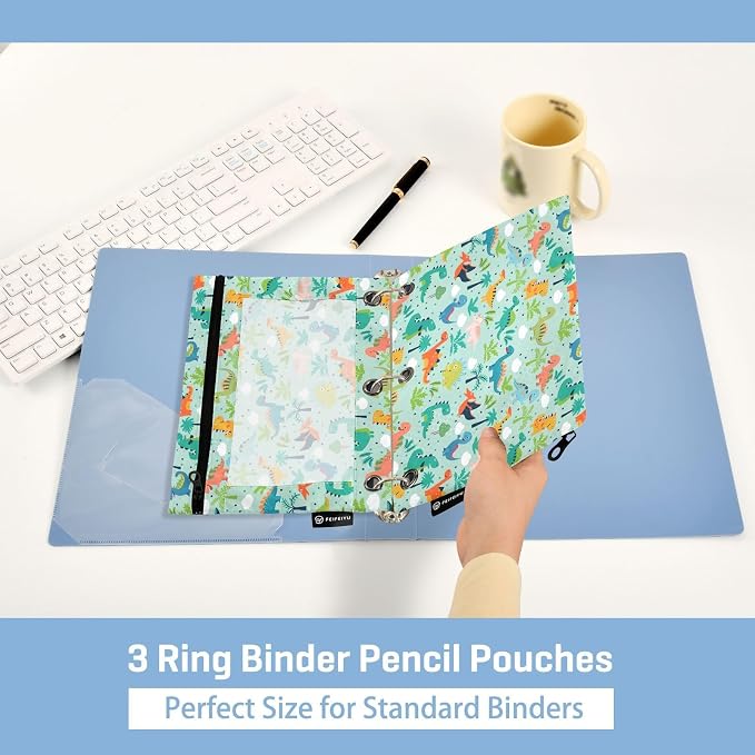 Funny Dinosaurs Pencil Pouches for 3 Ring Binder, Zipper Binder Pencil Case, 2 Pack Clear Window Case Bag for Office Organizers