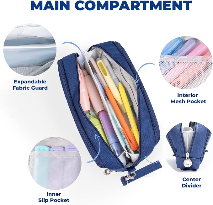 Four Candies Blue Pencil Case 3 Compartment Pouch, Large Pencil Case for School, Girls, Teen Boys, Women, Dark Blue, Removable Handle & Zipper, Cute Pencil Bag for Office, College