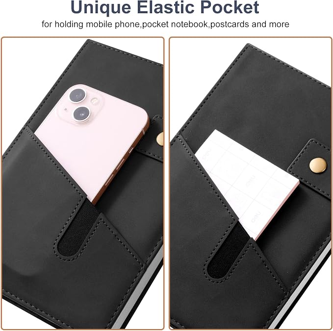 A5 Leather Journal Notebook with Pen, 200 Pages Hardcover Journal with Pocket, 100gsm Thick Lined Paper Daily Diary for Men and Women, Great Gift for Business School Travel Personal - Black