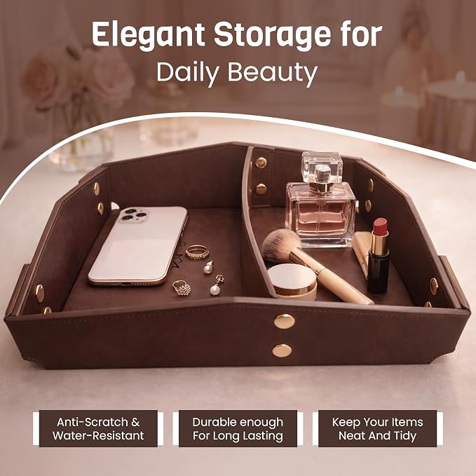 Valet Tray Organizer for Men & Women - PU Leather Catch All Tray with Removable Divider - EDC Storage for Keys, Watch, Phone - Nightstand, Dresser & Desk Organizer - Midnight Espresso
