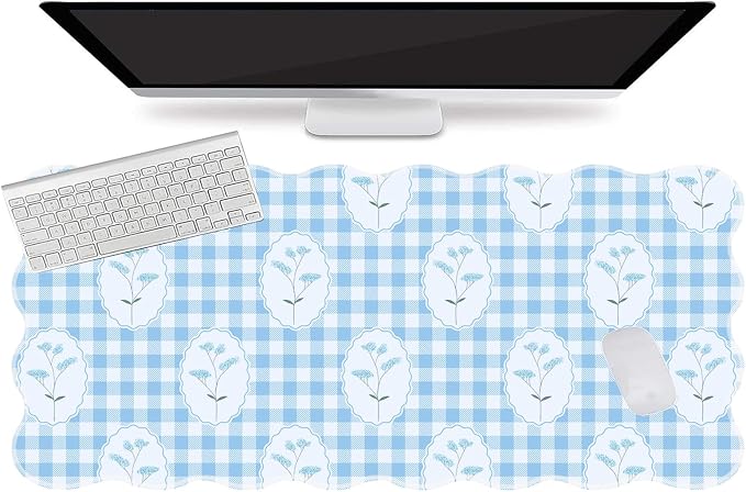 L-SPOUTTO Blue Mouse Pad,Cottagecore Scalloped Desk Mat XXL Gaming Mousepad | Checkered Floral Large 35.4x15.7in Non-Slip Rustic Keyboard Pad Desktop Mat for Laptop Computer Game Home Office