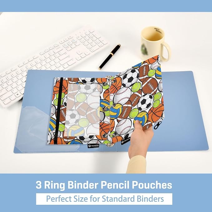 Gredecor Binder Pencil Pouch 3 Ring Sport Balls Colorful Zipper Pencil Pouches Case 2 Pack Clear Binder Organizer for School Office